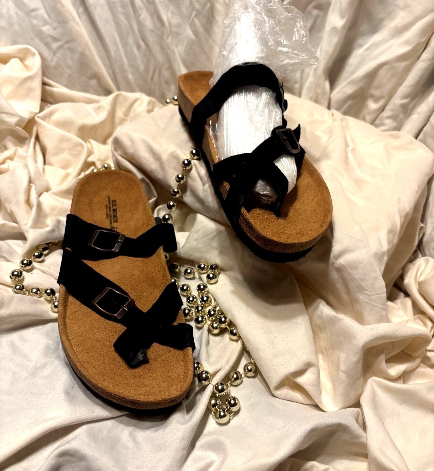 Twin Buckle Cross-Strap Sandals – Black Suede