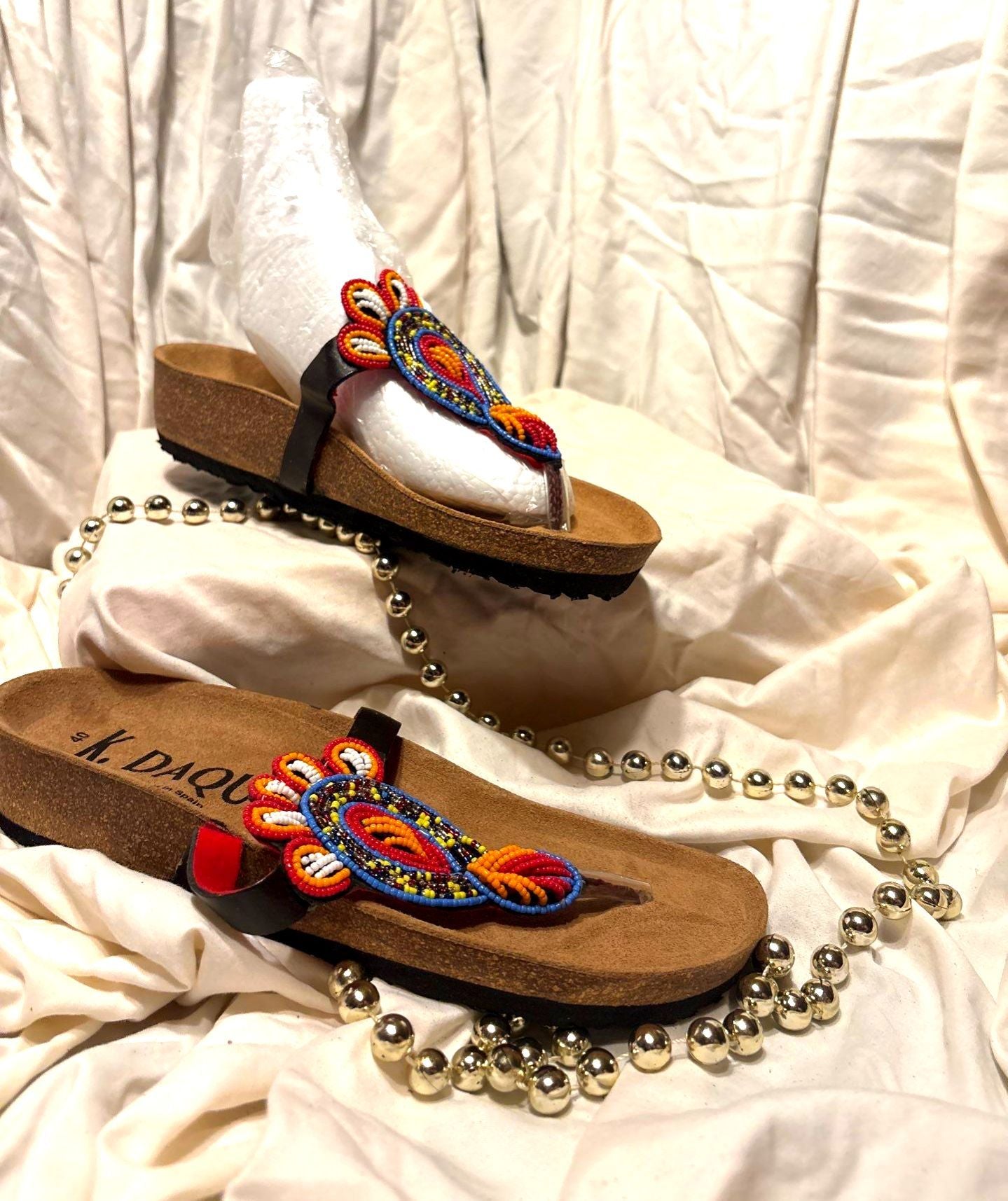 Sunburst Teardrop Beaded Sandals – Red, Orange & Blue