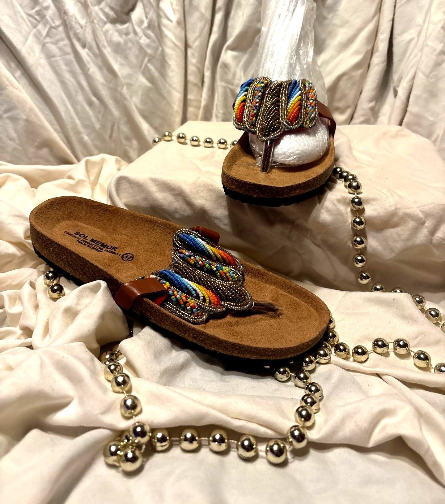 Artisan Rainbow Beaded Sandals – Brown Leather Toe Loop