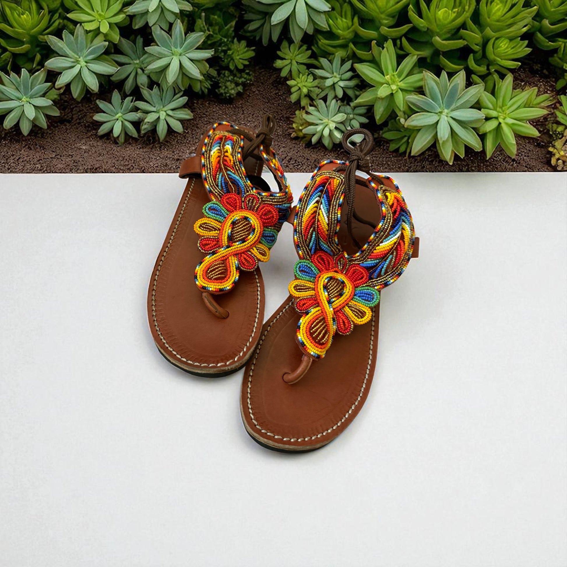 Handcrafted Beaded Leather Sandals – Vibrant Boho Style