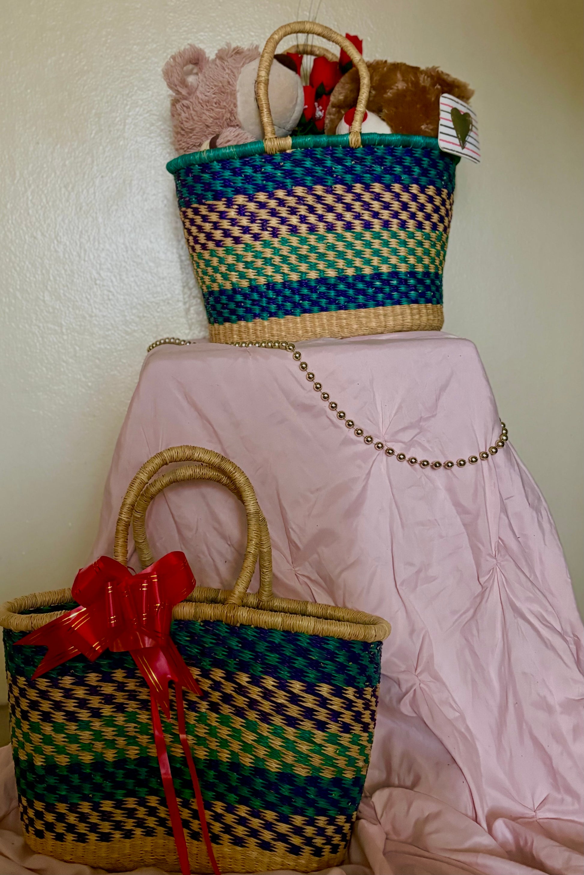 Blue-Green Bolga Basket – Handwoven Ghanaian Tote