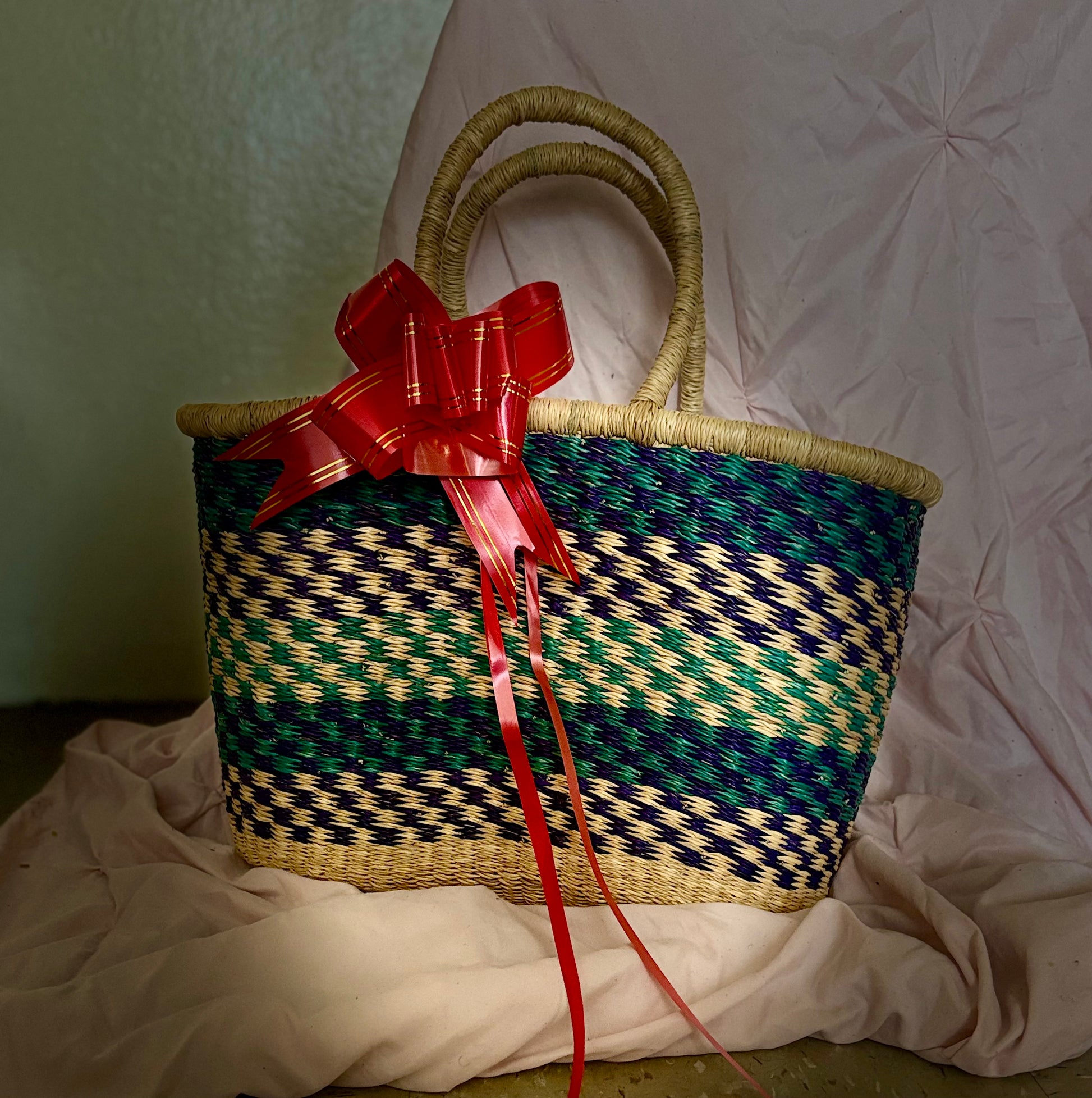Blue-Green Bolga Basket – Handwoven Ghanaian Tote