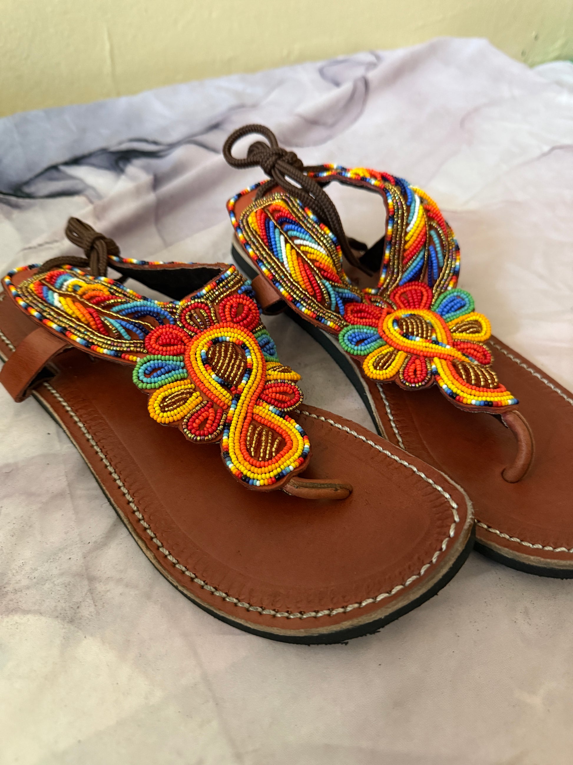 Handcrafted Beaded Leather Sandals – Vibrant Boho Style