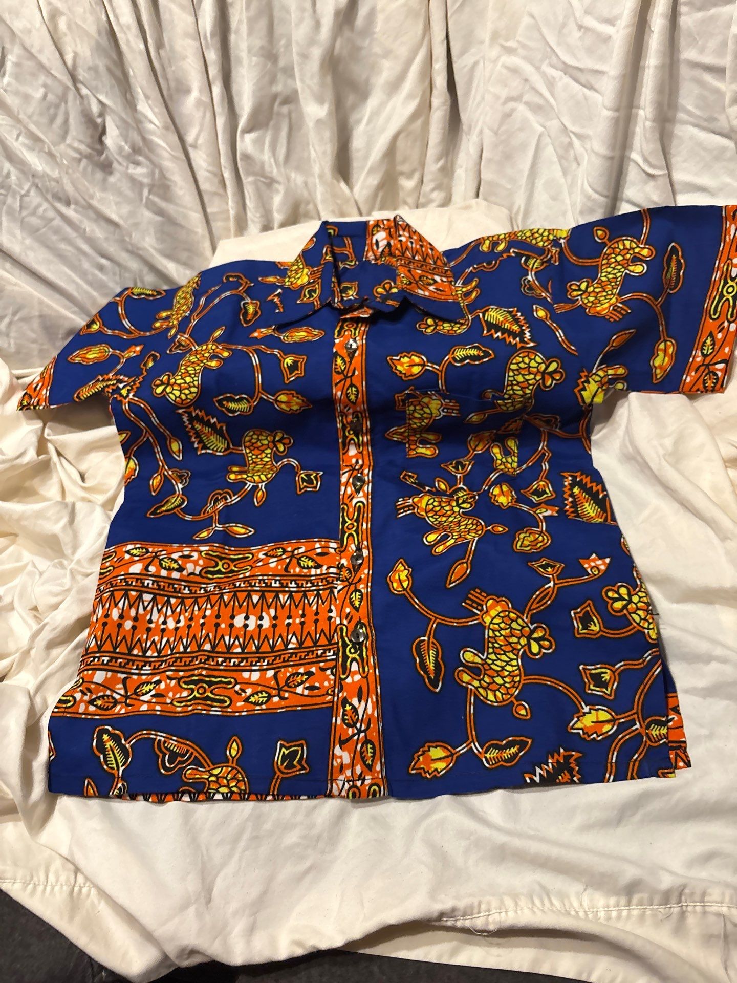 Men’s African Print Shirt – Royal Blue with Orange &amp; Yellow Tribal Motifs