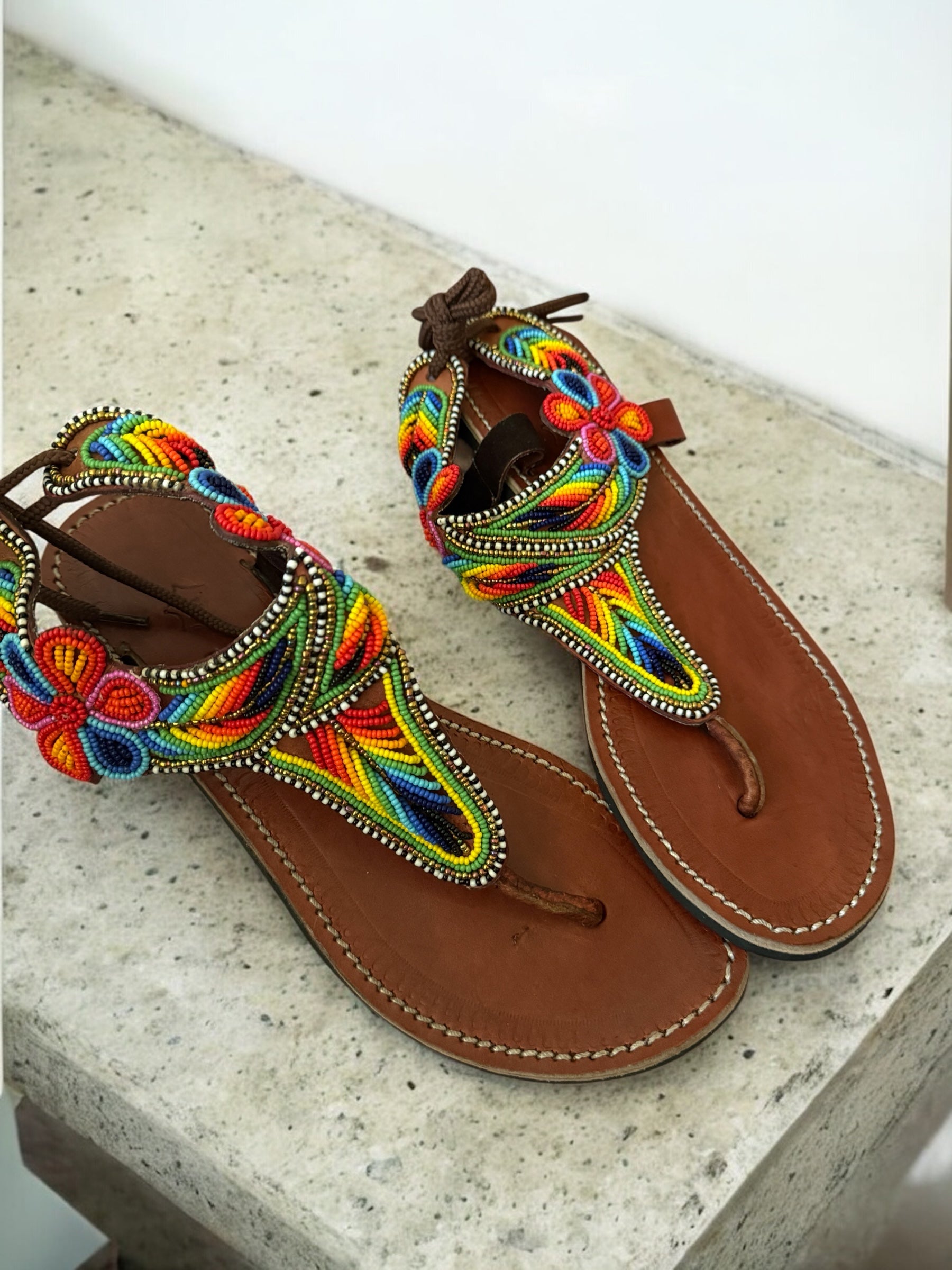 Handcrafted Rainbow Beaded Leather Sandals – Festival Ready