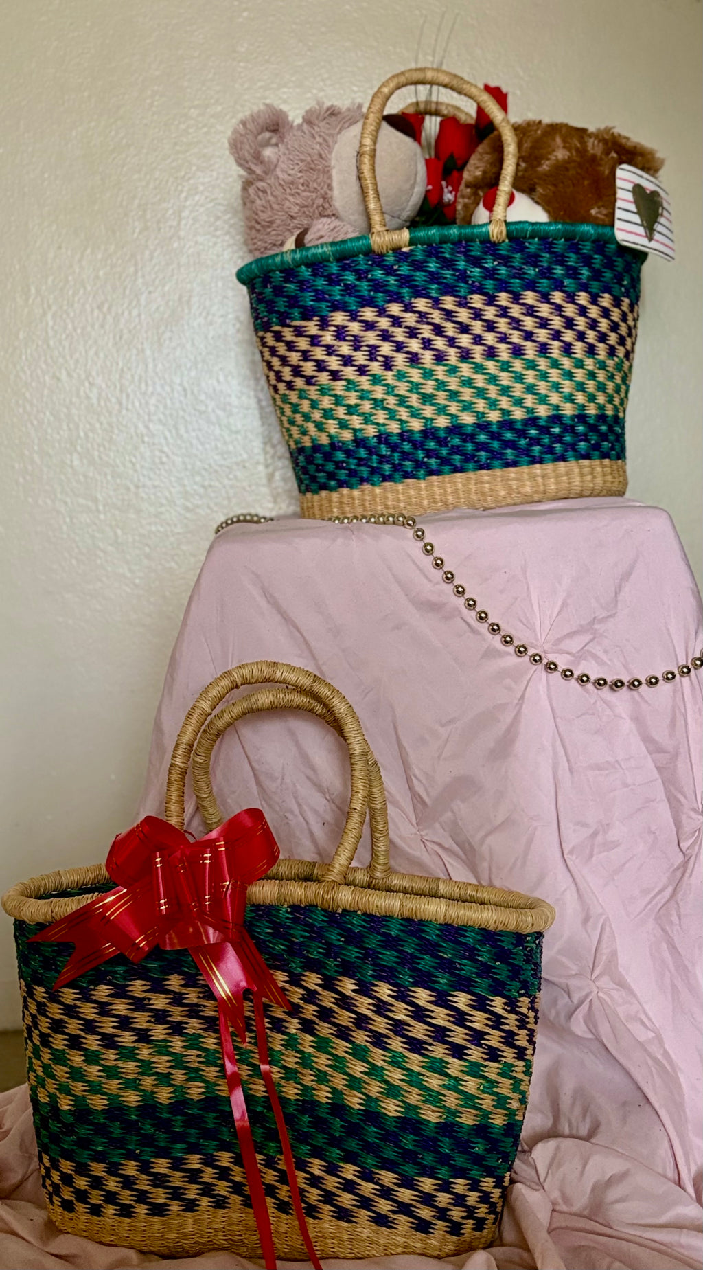 Blue-Green Bolga Basket – Handwoven Ghanaian Tote