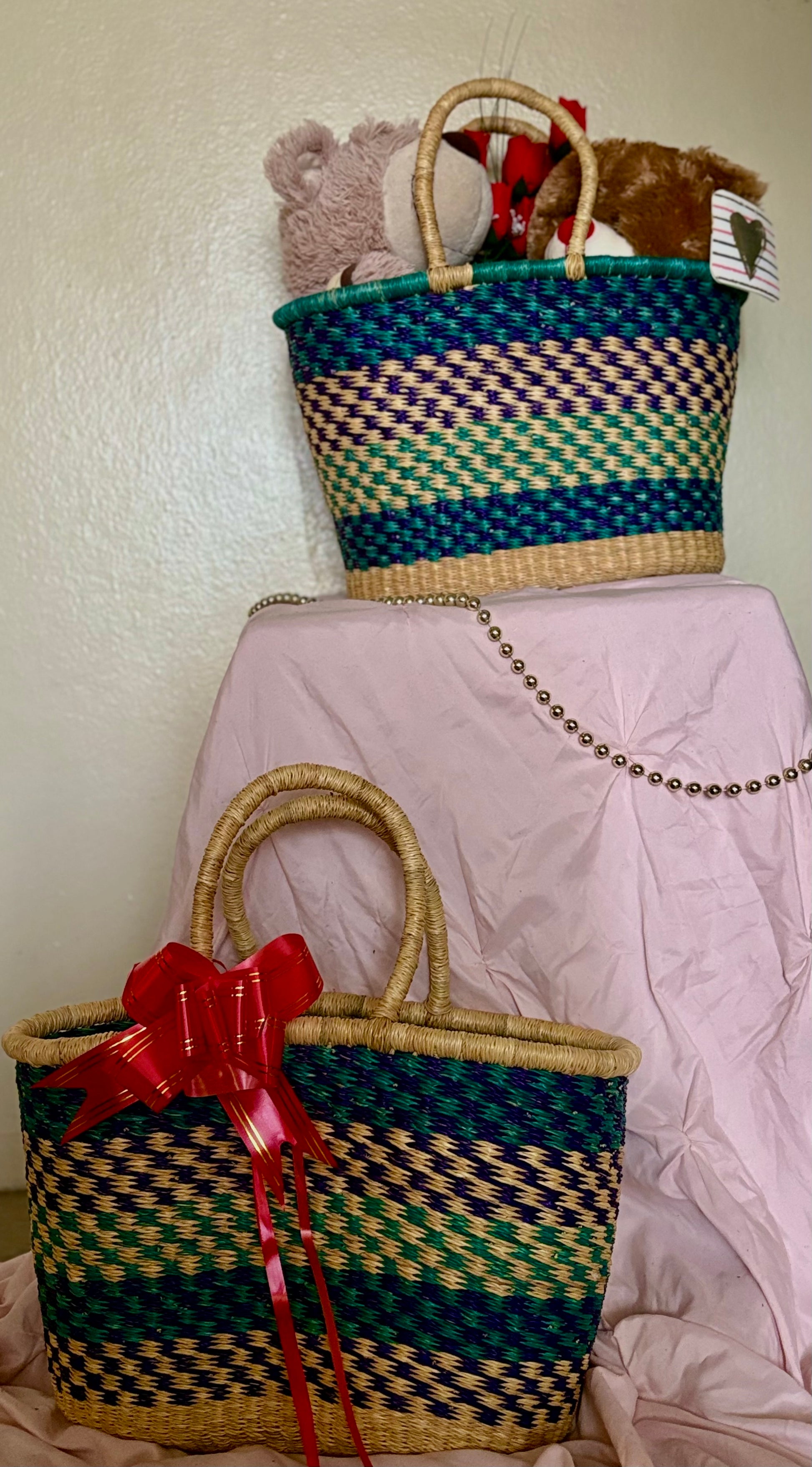 Blue-Green Bolga Basket – Handwoven Ghanaian Tote
