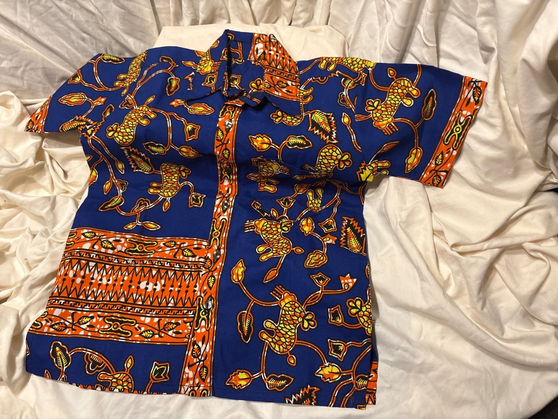 Men’s African Print Shirt – Royal Blue with Orange &amp; Yellow Tribal Motifs