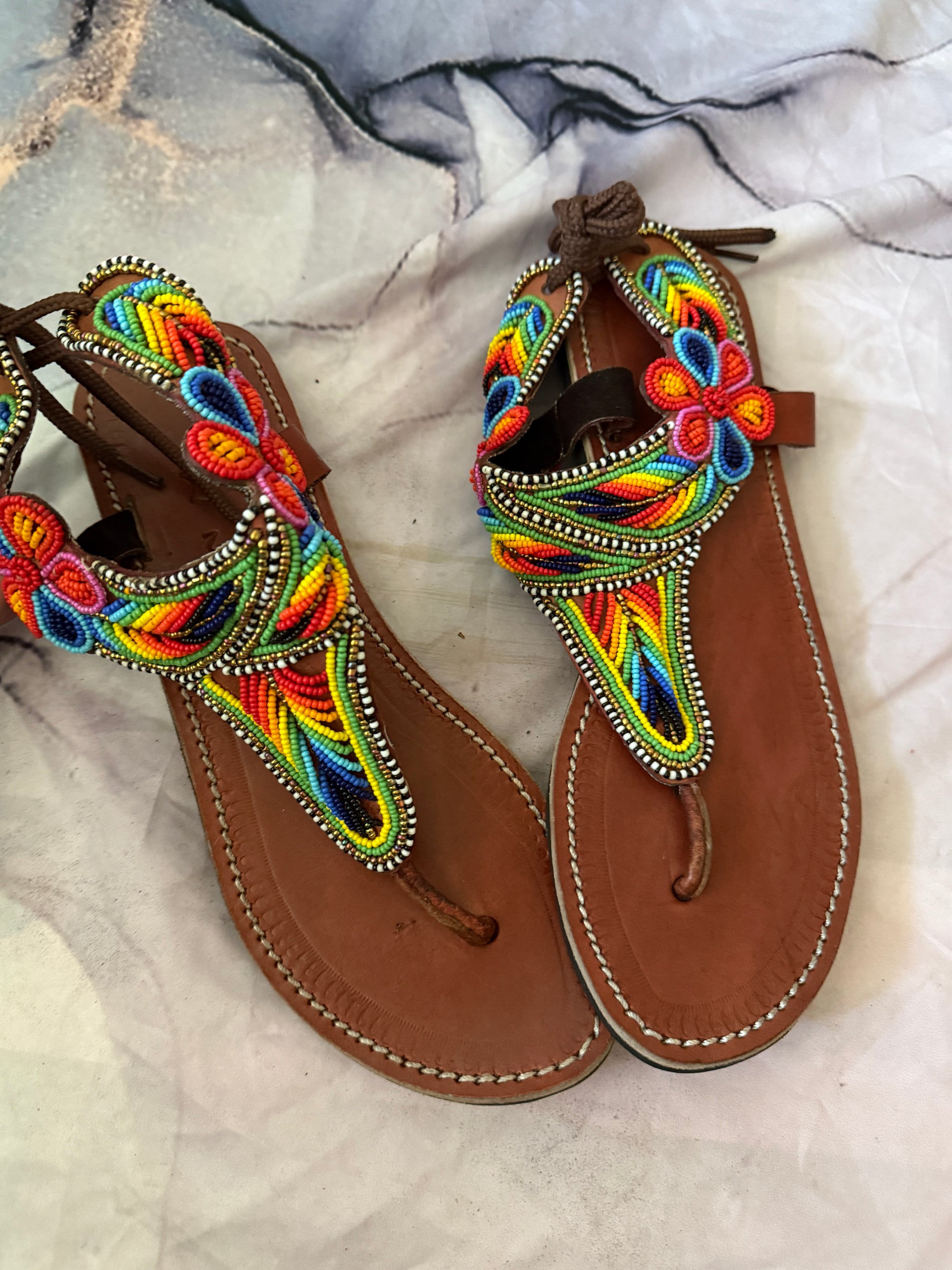 Handcrafted Rainbow Beaded Leather Sandals – Festival Ready