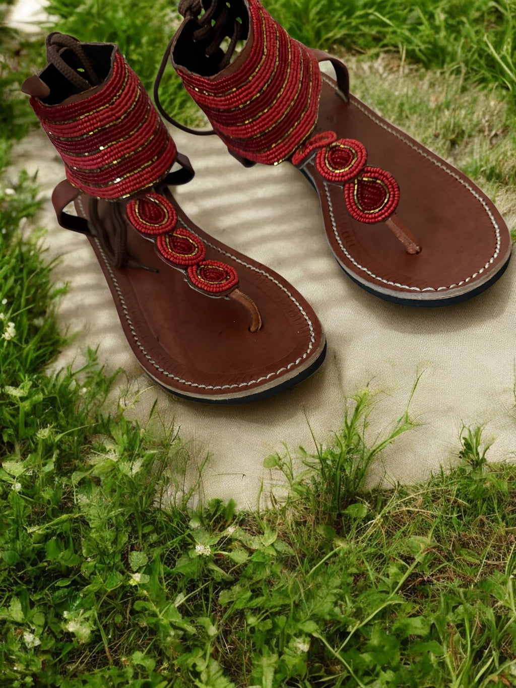 Handcrafted Red Beaded Leather Sandals – Elegant Statement