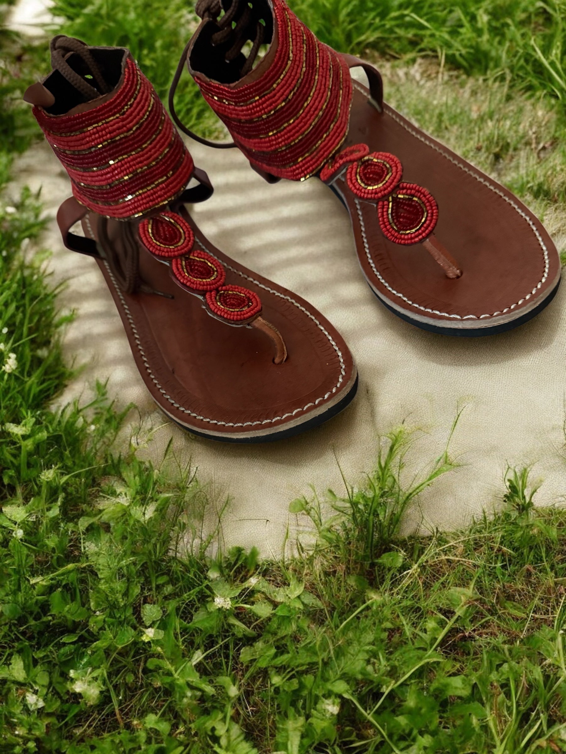 Handcrafted Red Beaded Leather Sandals – Elegant Statement
