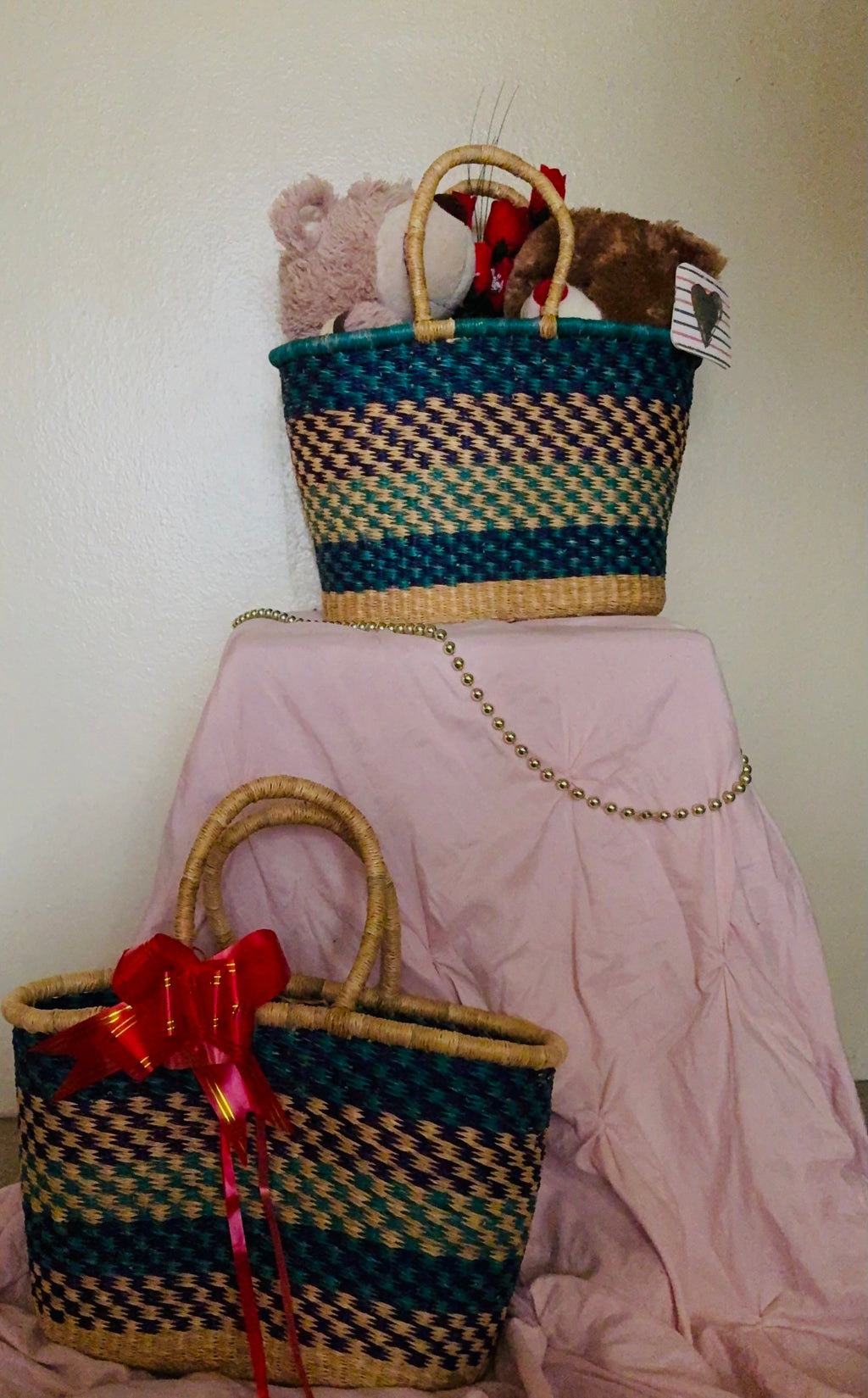 Blue-Green Bolga Basket – Handwoven Ghanaian Tote