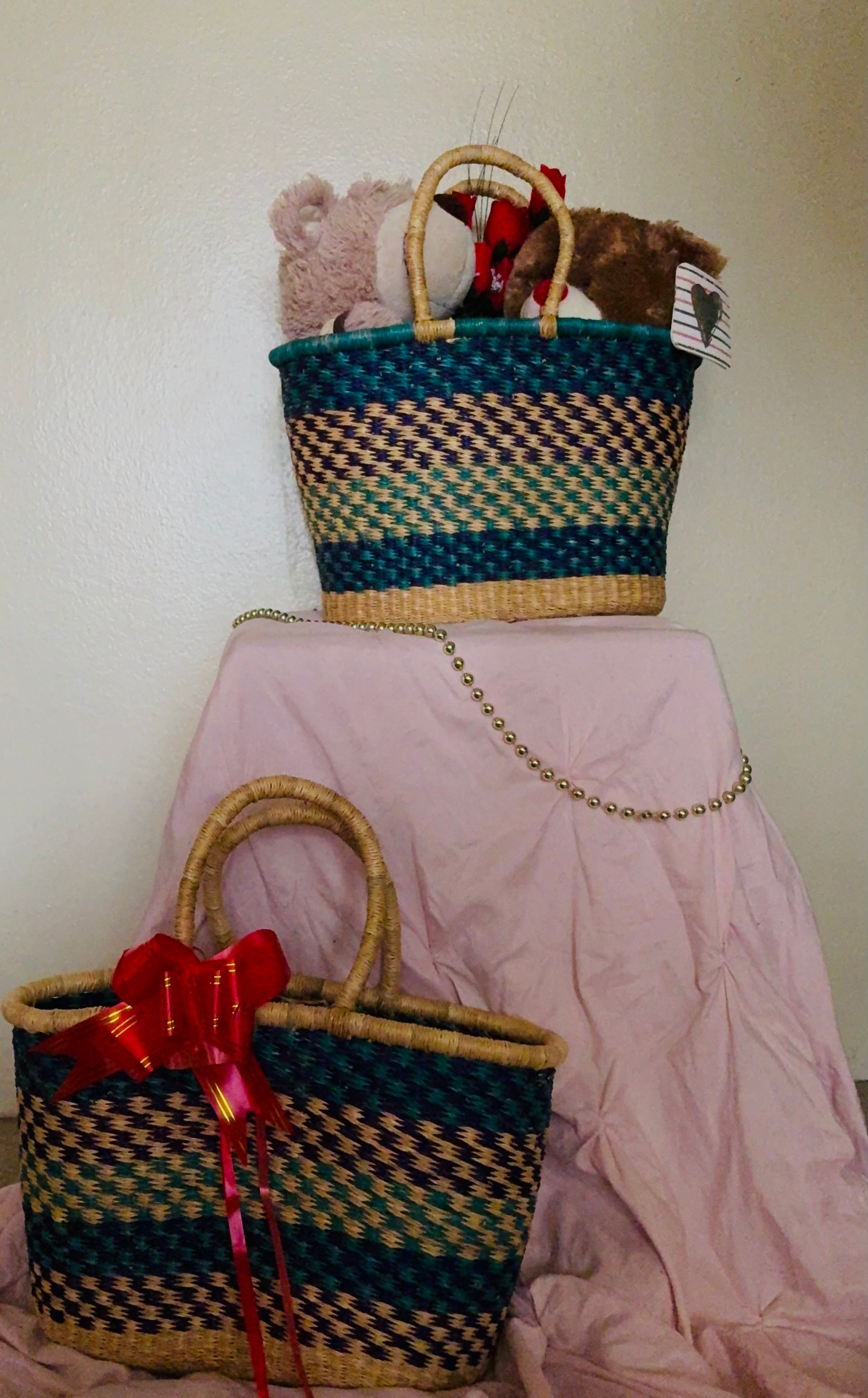 Blue-Green Bolga Basket – Handwoven Ghanaian Tote