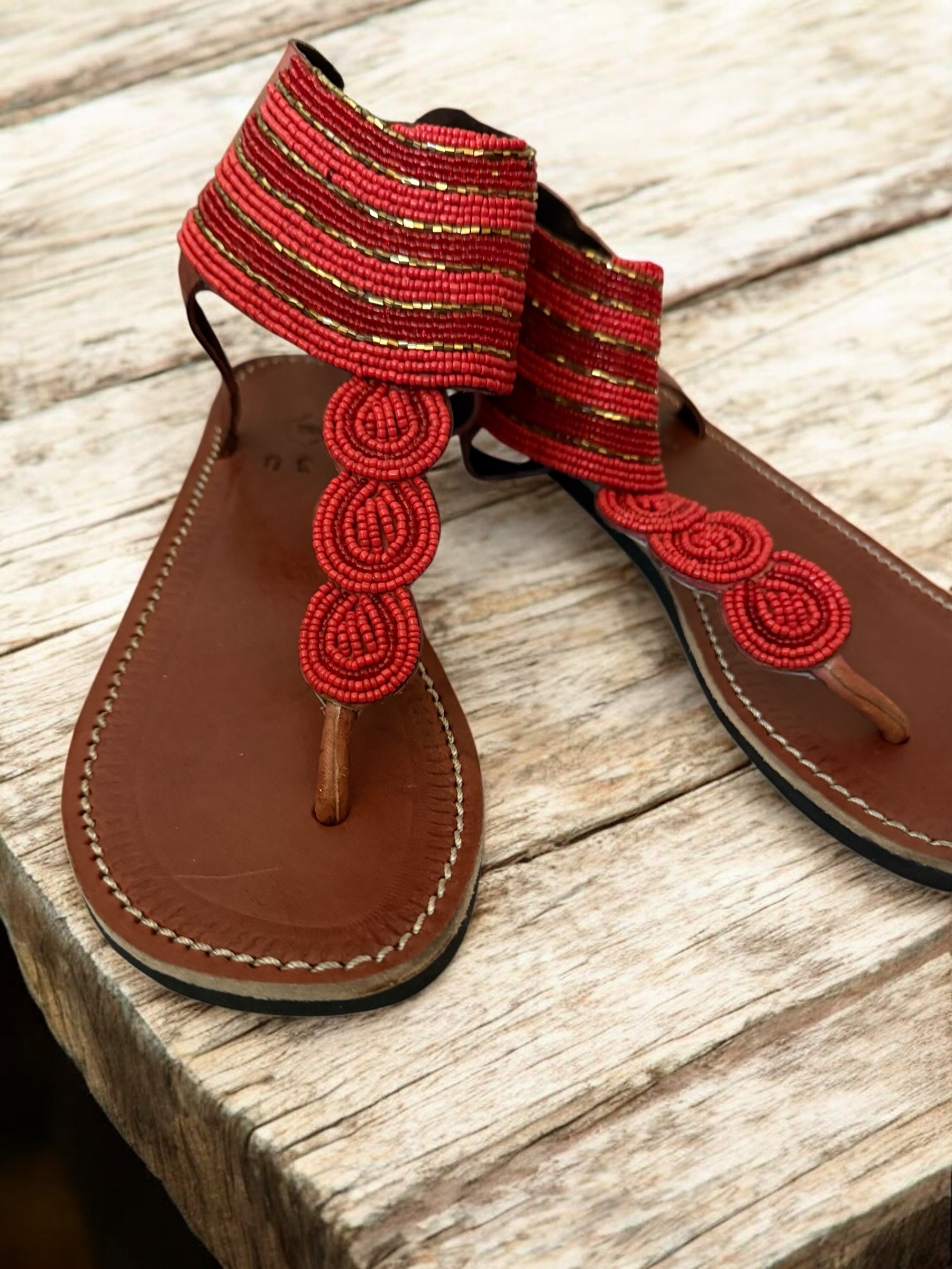 Handcrafted Red Beaded Leather Sandals – Elegant Statement