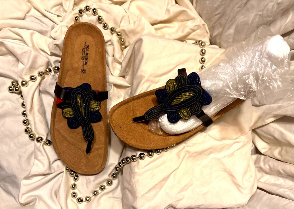 Beaded Leather Toe-Loop Sandals – Black, Blue & Mustard