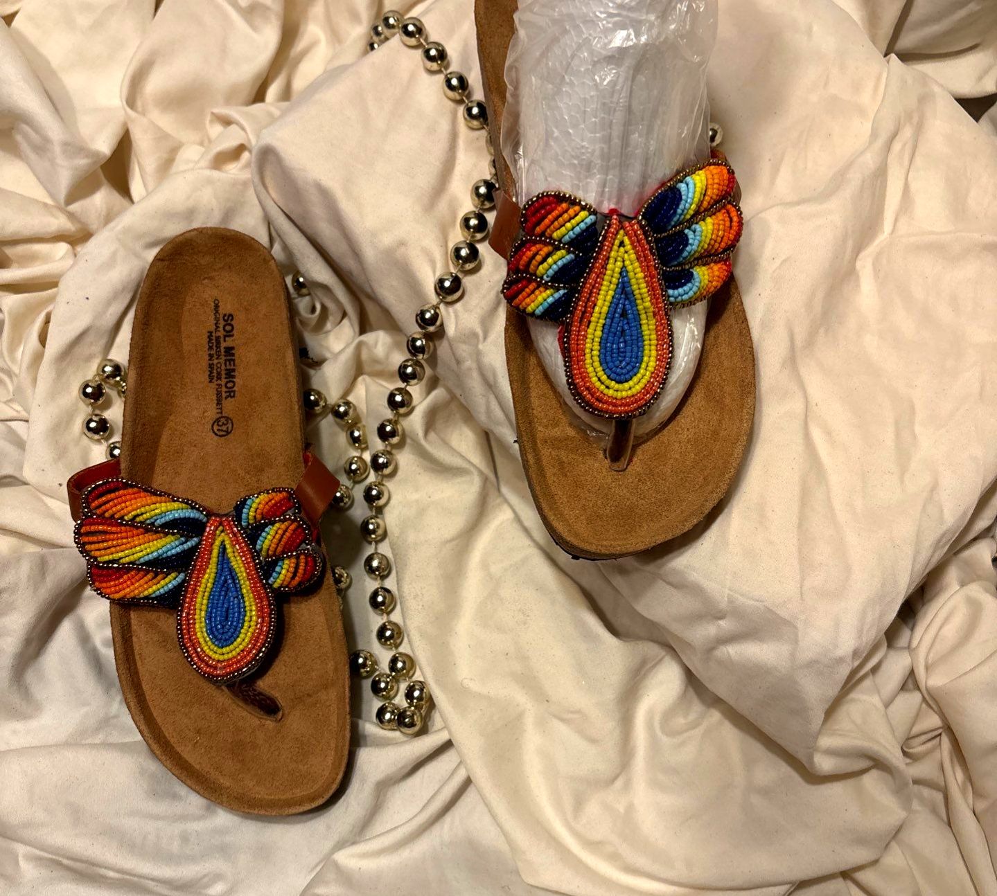 Rainbow Flame Beaded Sandals – Multicolor Drop Motif