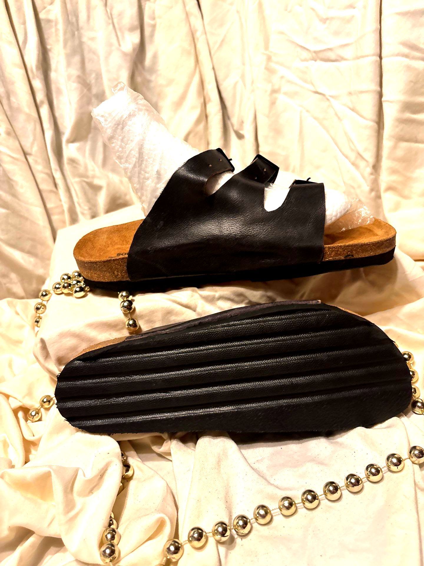 Triple Buckle Slide Sandals – Classic Black Leather