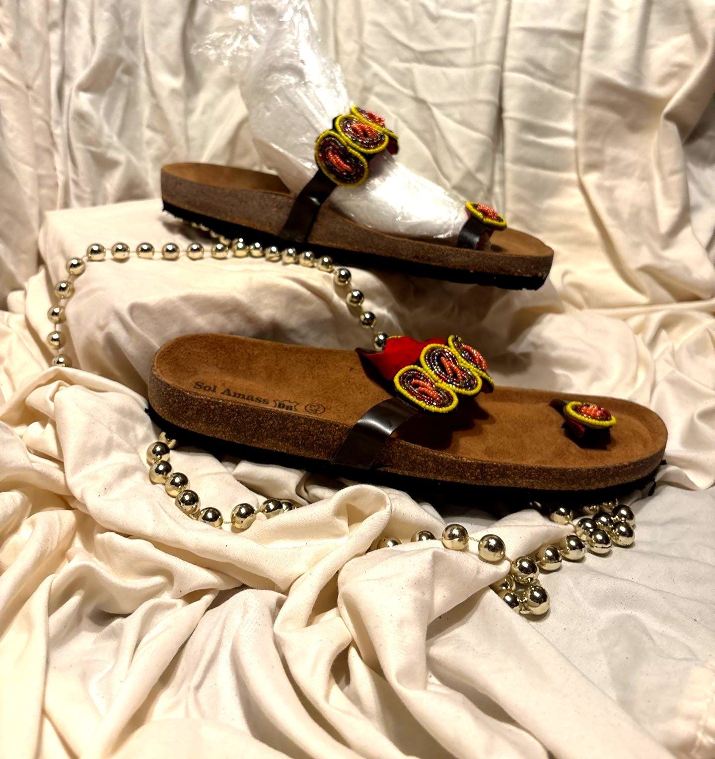 Red & Yellow Beaded Leather Toe-Loop Sandals