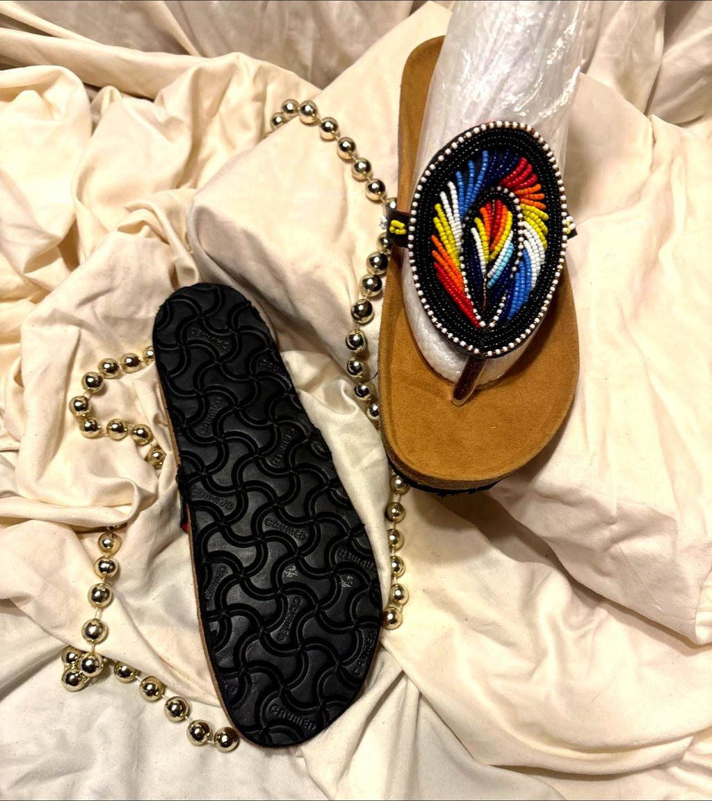 Oval Beaded Sandals – Flame Feather Pattern