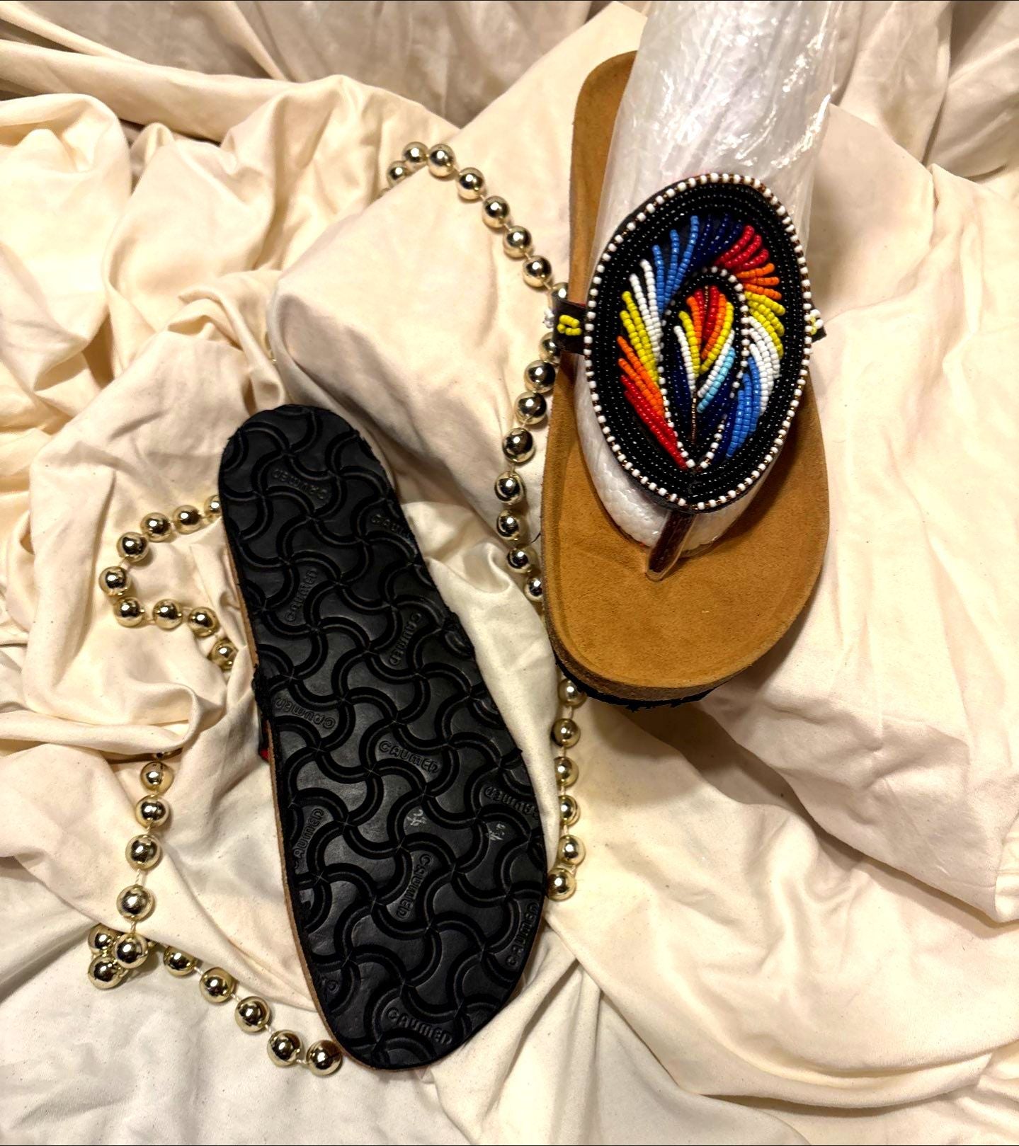 Oval Beaded Sandals – Flame Feather Pattern