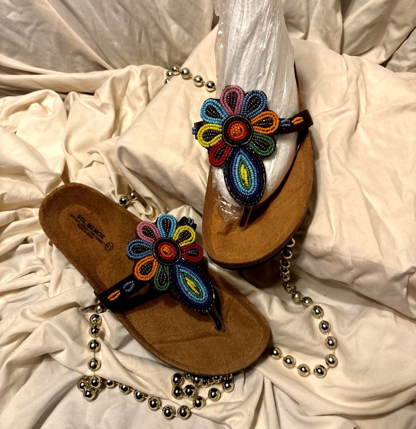 Rainbow Beaded Flower Toe-Loop Sandals