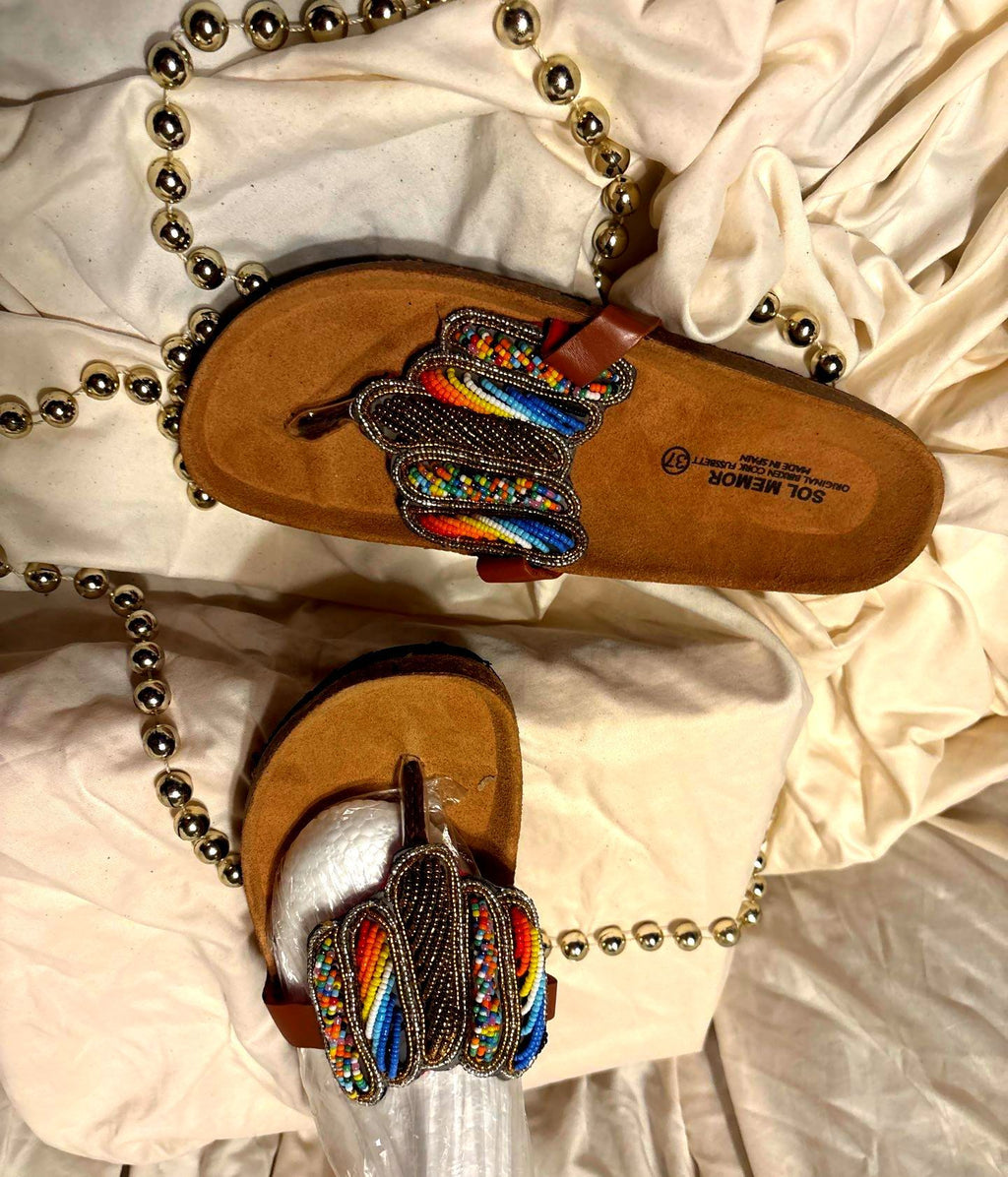 Artisan Rainbow Beaded Sandals – Brown Leather Toe Loop