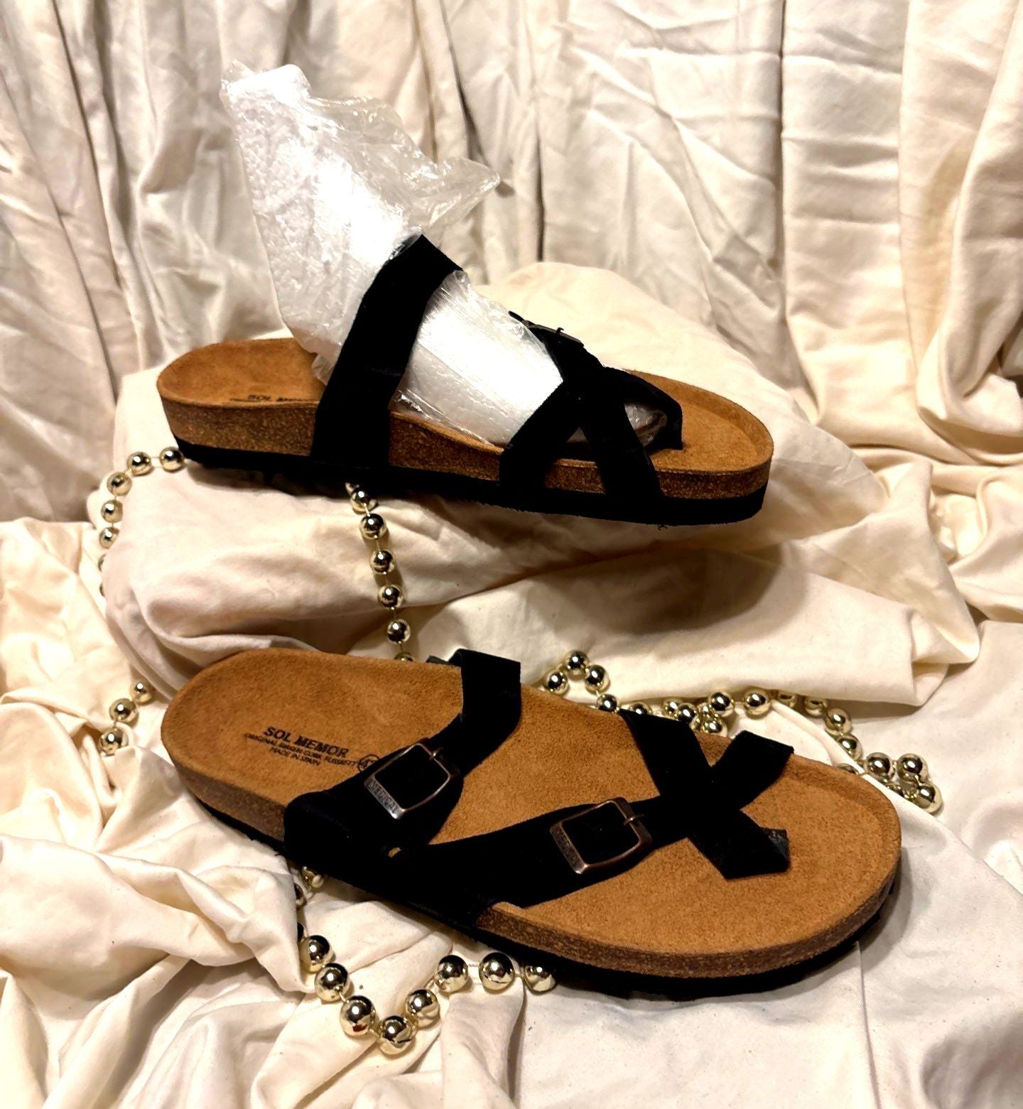 Twin Buckle Cross-Strap Sandals – Black Suede