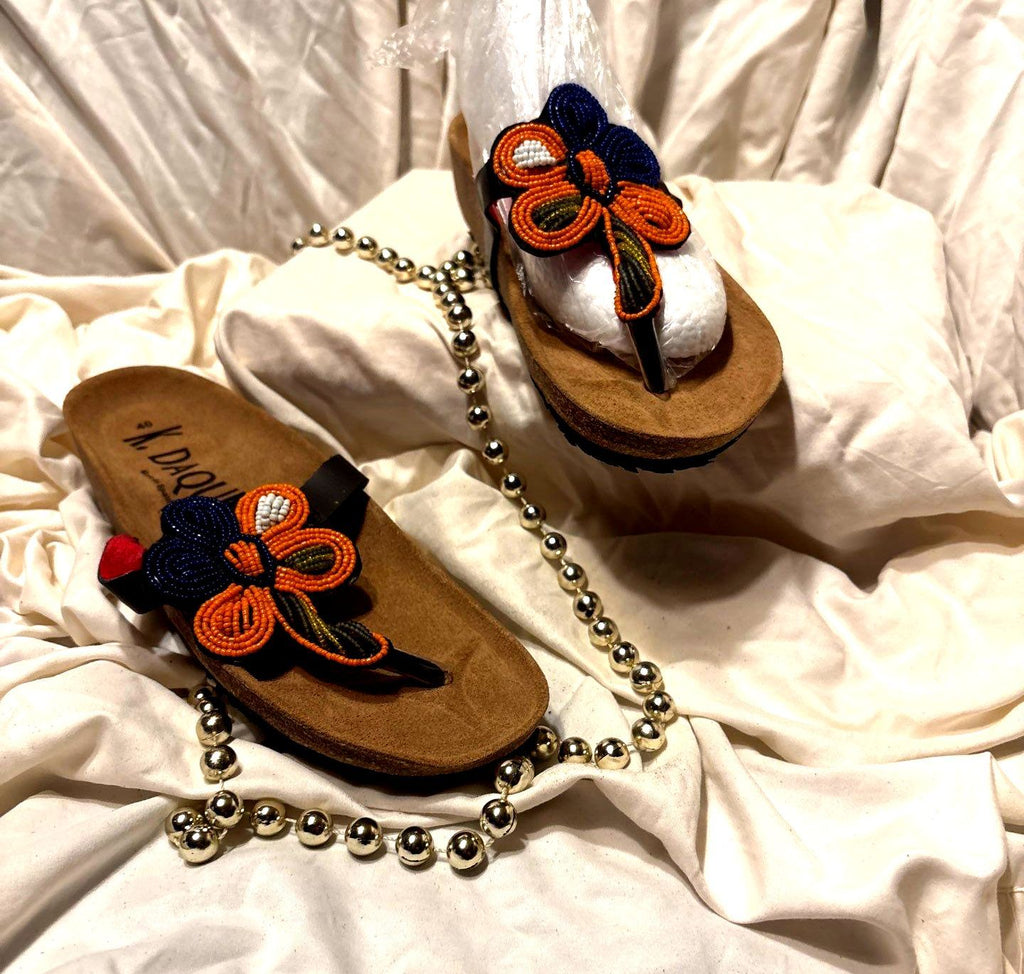 Beaded Butterfly Toe-Loop Sandals – Orange, Navy & Olive