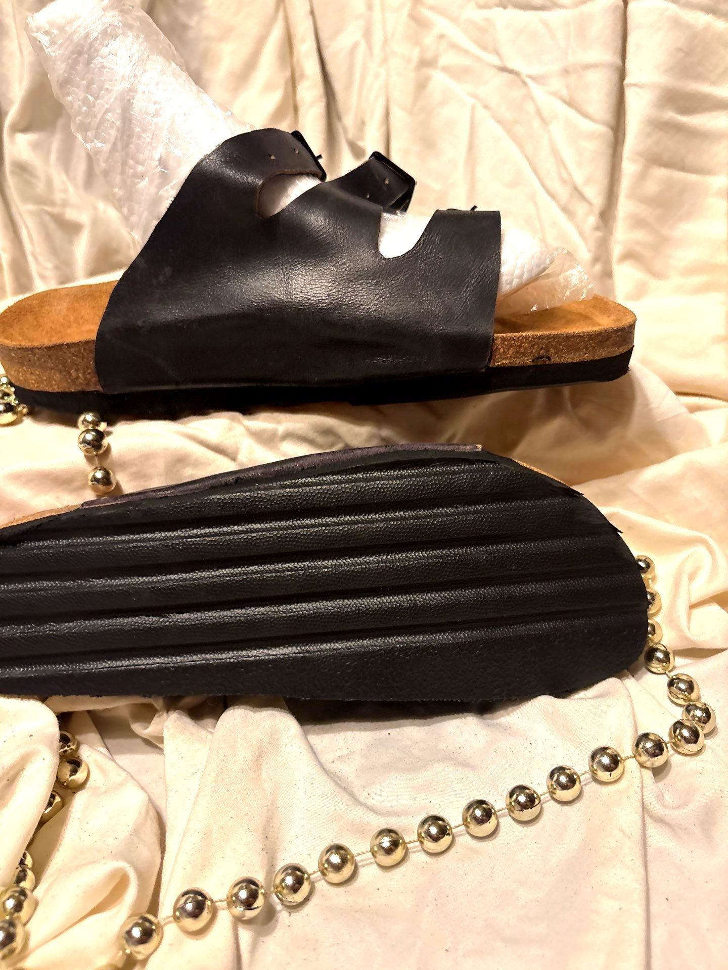 Triple Buckle Slide Sandals – Classic Black Leather
