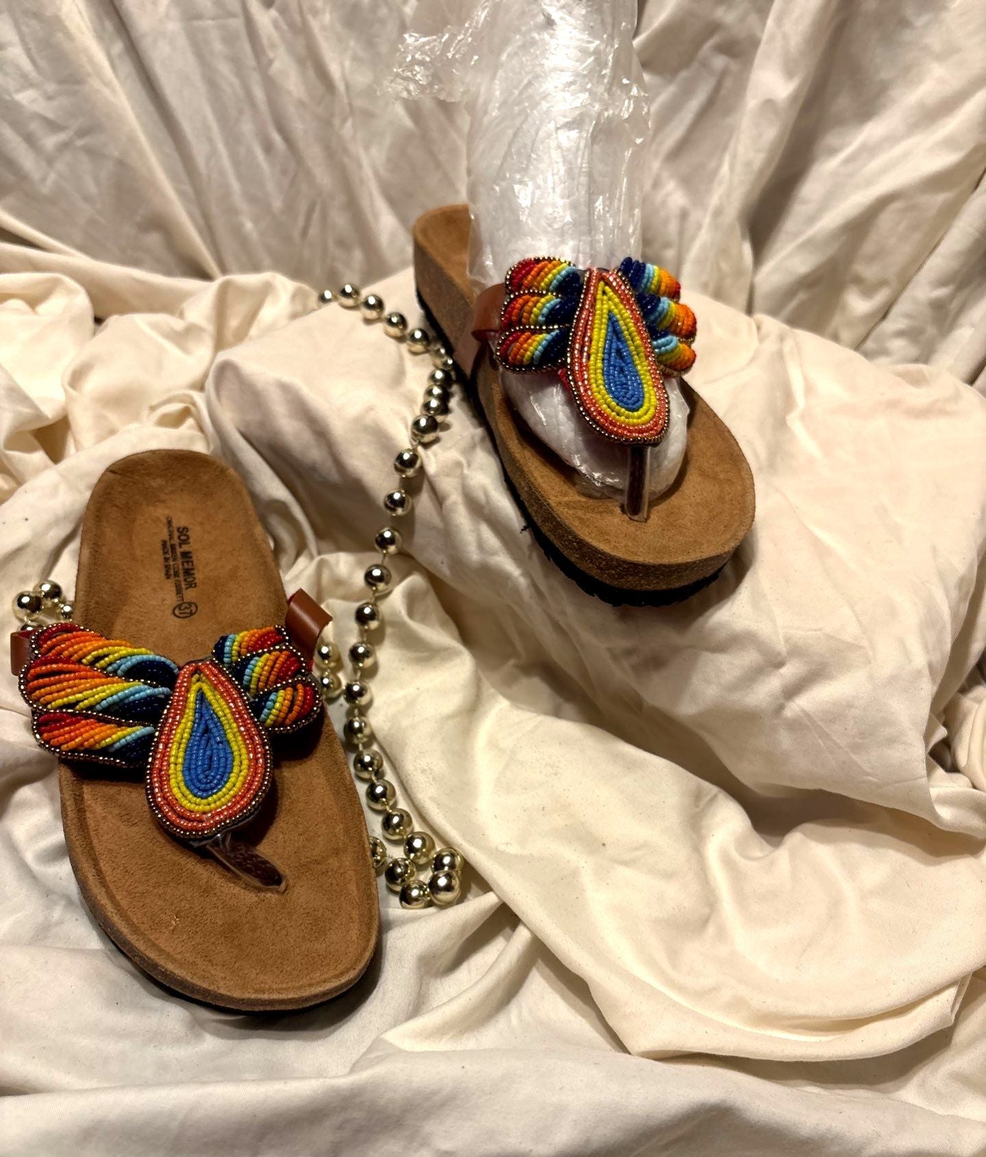 Rainbow Flame Beaded Sandals – Multicolor Drop Motif