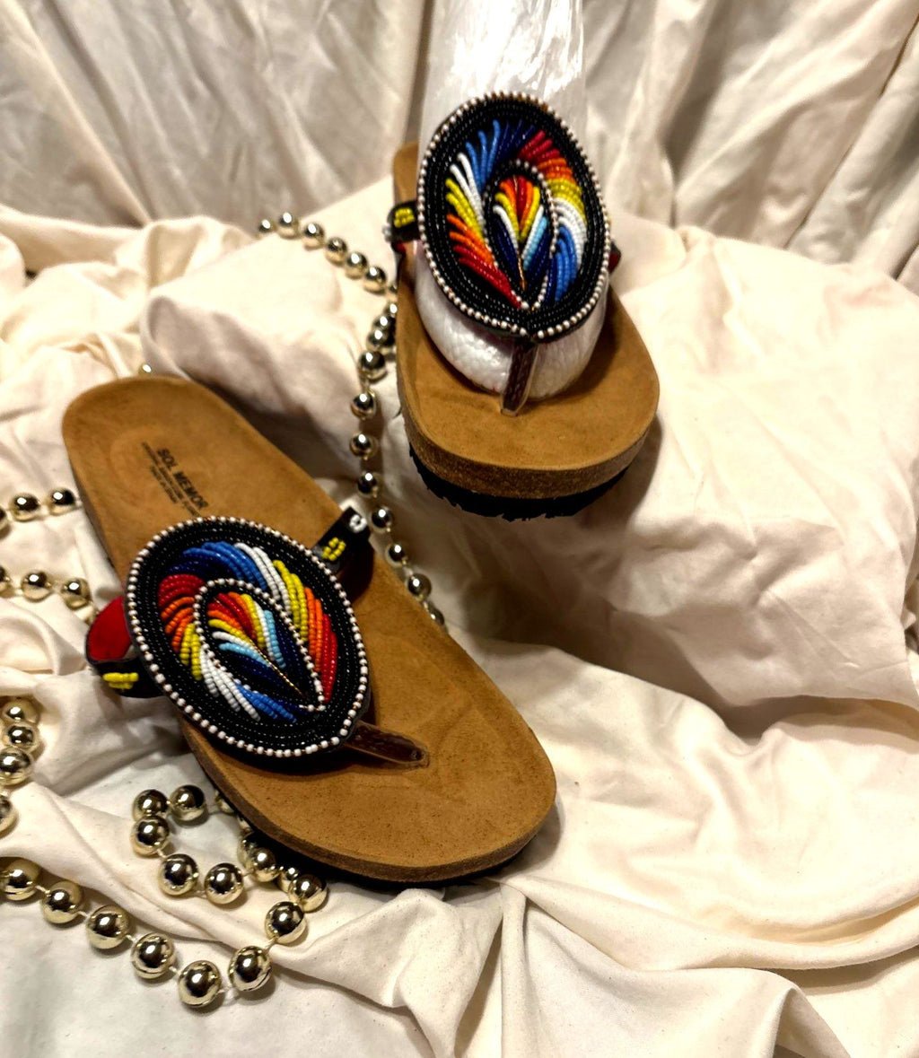 Oval Beaded Sandals – Flame Feather Pattern