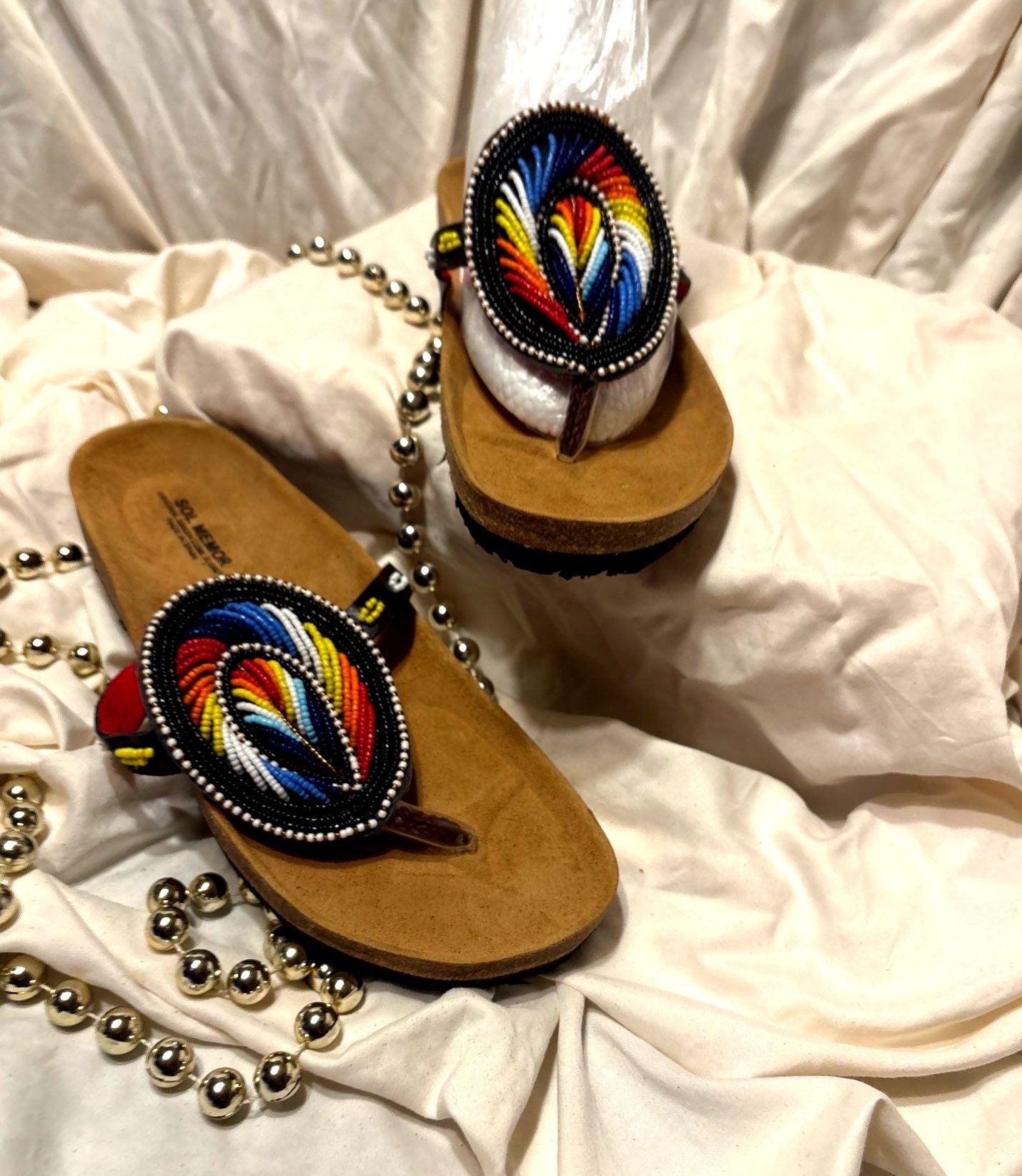 Oval Beaded Sandals – Flame Feather Pattern
