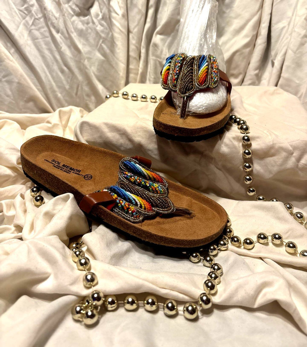 Artisan Rainbow Beaded Sandals – Brown Leather Toe Loop