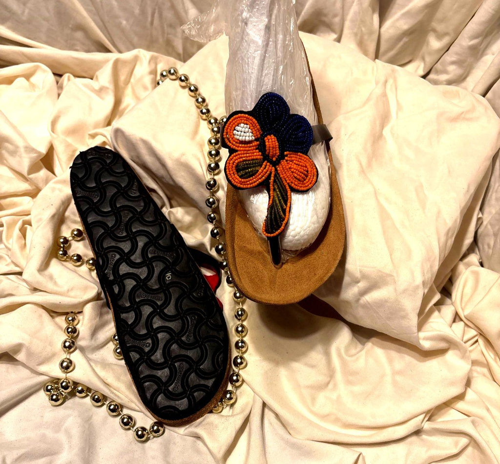 Beaded Butterfly Toe-Loop Sandals – Orange, Navy & Olive
