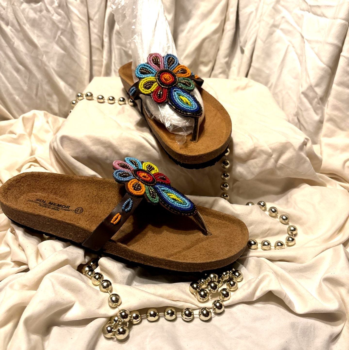 Rainbow Beaded Flower Toe-Loop Sandals