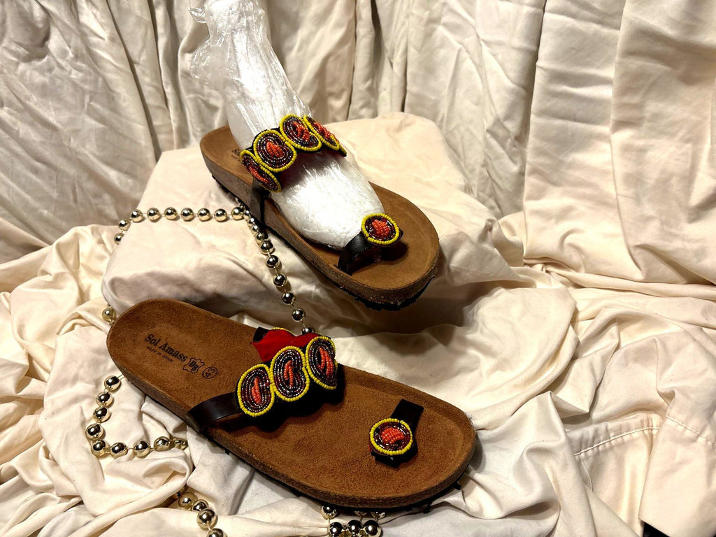 Red & Yellow Beaded Leather Toe-Loop Sandals