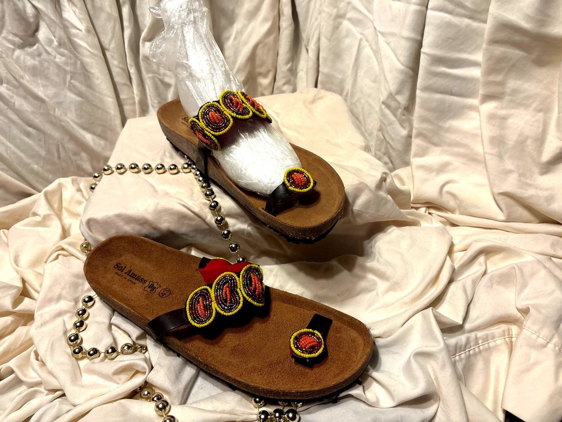 Red & Yellow Beaded Leather Toe-Loop Sandals